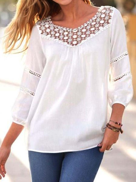 

Casual Cotton Blends V Neck Shirts & Tops, White, Tops