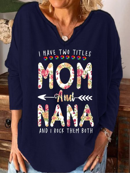 

Fun text print notched neck long sleeve shirt, Purplish blue, Hoodies&Sweatshirts