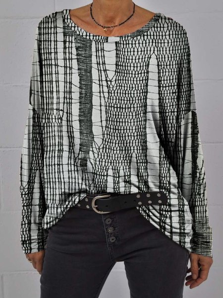 

Broken Grid Print Crew Neck Long Sleeve T-shirt, Gray, T-Shirts