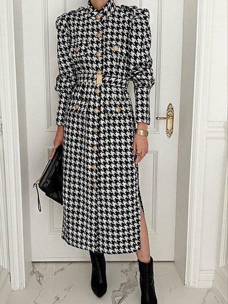 

Elegant Stand Collar Houndstooth Dress, As picture, Midi Dresses