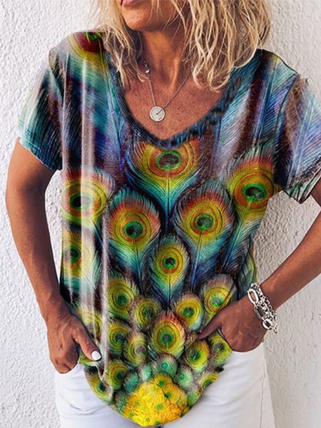 

Casual Short Sleeve V Neck Printed Top, Multicolor, T-Shirts