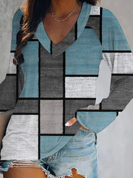

Color Piece Casual V Neck Cotton Blends Shirts & Tops, Blue, Long sleeve tops