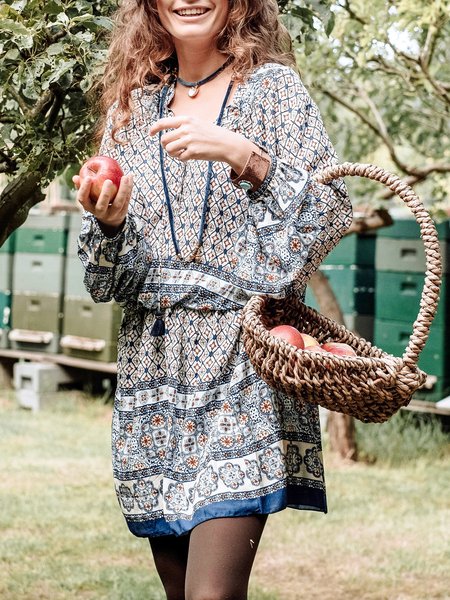 

Boho Tribal Loosen Drawstring V Neck Long Sleeve Mini Dresses, Blue, Mini Dresses