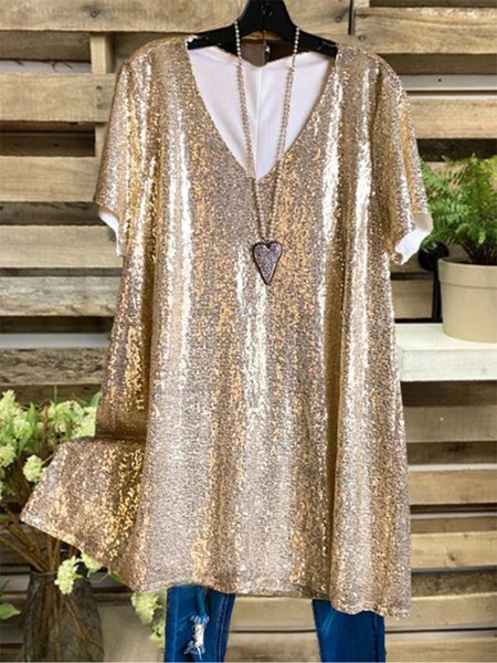 

Plain Sequins Short Sleeve V Neck Plus Size Casual Gold Tunic Tops For Women, Golden, T-Shirts