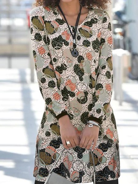 

Geometric Crew Neck Long Sleeve Casual Mini Dresses, Apricot, Mini Dresses