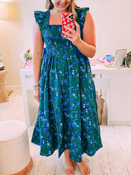 

Cap Sleeve Floral Printed Square Neck Plus Size Casual Hill House Nap Dresses, Cyan, Midi Dresses