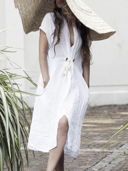 

Solid V Neck Loosen Short Sleeve Midi Dresses, White, Midi Dresses