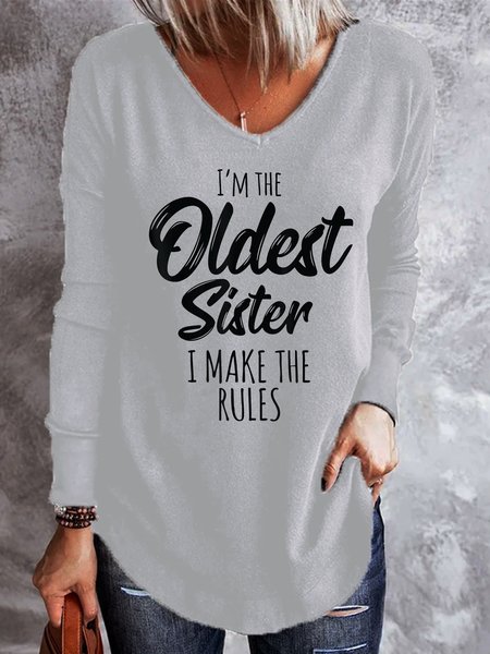 

Sister Funny Letter Casual V Neck Sweatshirt, White, Long sleeves