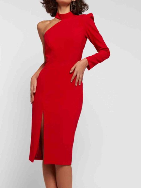 

One Shoulder Regular Fit Elegant Slit Dress, Red, Midi Dresses