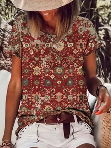 

Crew Neck Tribal Casual Shirts & Tops, As picture, T-Shirts