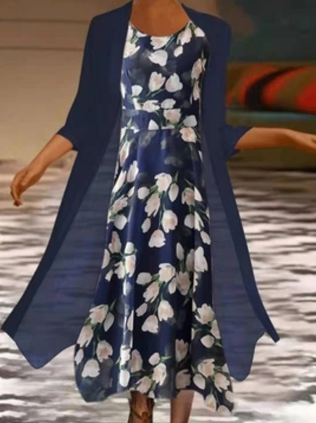 

Deep Blue Crew Neck Floral Suits, Midi Dresses