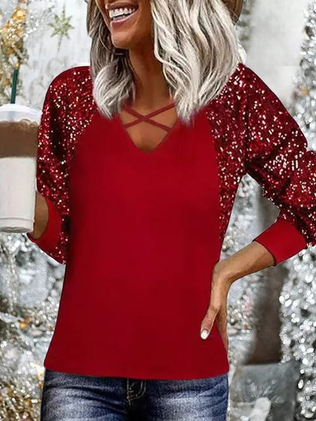 

Sequined Splicing Raglan Long Sleeve Blouse - Red, Tees & T-shirts