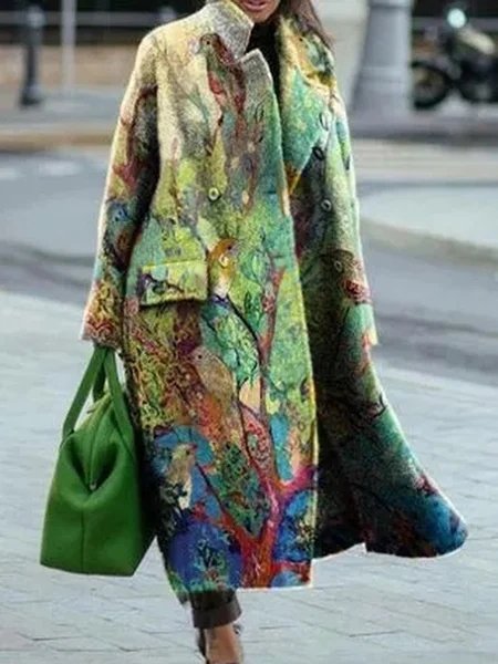 

The Bird In The Branches Lapel Long Sleeve Loosen Outerwear, Green, Outerwear