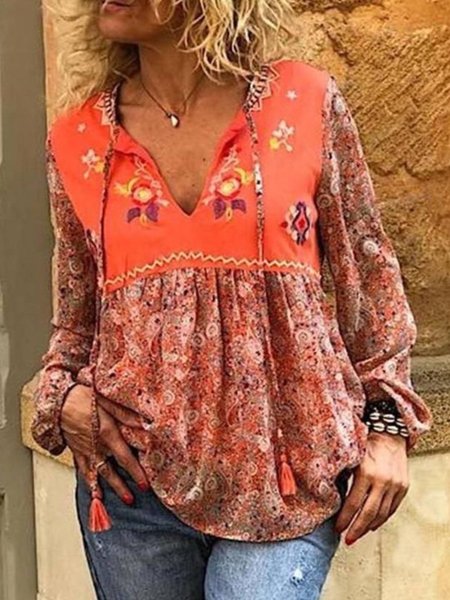 

Boho Tribal Notched Shirts & Tops, Orange, Tops
