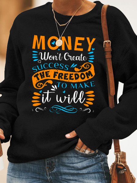 

Fun text printed round neck long-sleeved sweatshirt, Black, Hoodies&Sweatshirts