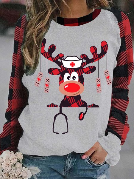 

Christmas Reindeer Nurse Crew Neck Casual Shirts & Tops, White, Long sleeves
