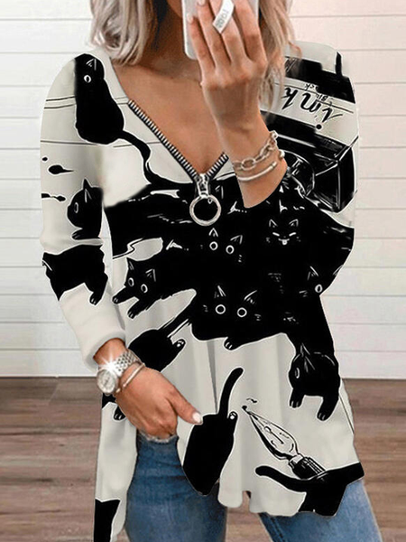 

Print Letter Animal V-Neck Long Sleeves T-shirts, Black, Long sleeve tops