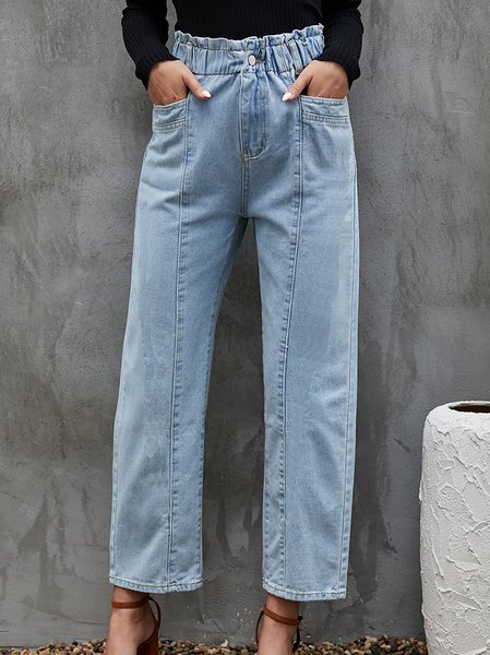 

Blue Solid Casual Elastic Waist Straight Leg Jeans, Pants