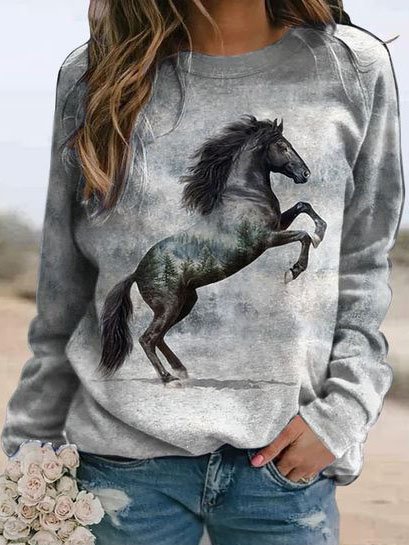 

Horse Printed Raglan Sleeve Loosen Casual Crew Neck Sweatshirt, Gray, Sweatshirts & Hoodies