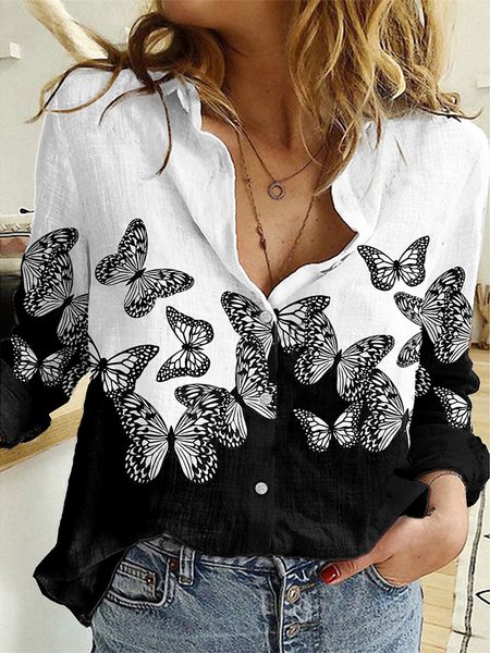 

Women's Blouse Shirt Butterfly Butterfly Color Block Shirt Collar Button Print Casual Streetwear Tops, Black-white, Shirts & Blouses