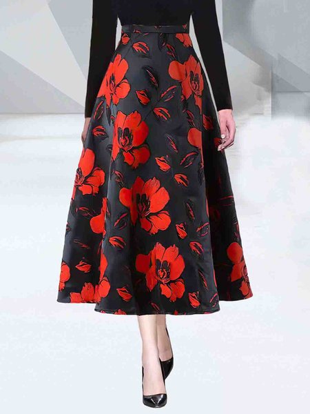 

Elegant A LineA Regular Fit Floral Skirt, Black-red, Skirts