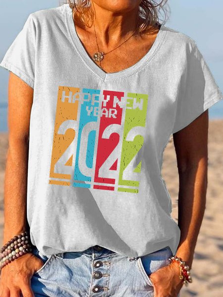 

2022 letter printed V-neck short-sleeved T-shirt, White, T-shirts