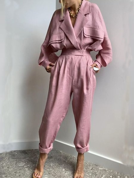 

Elegant Lapel Work Suits Top With Pants, Pink, Two-piece Set