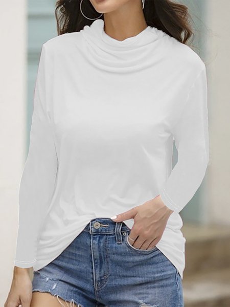 

Solid Cowl Neck With Mask Functional Long Sleeves Tops, White, Tops