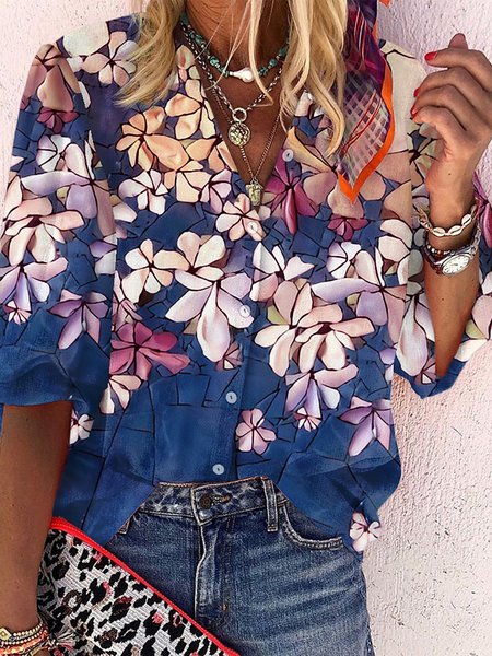 Bohemian Floreale Abbottonato Top, Blu, Blouses & Shirts