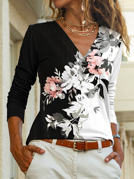 Regular Fit Floral Simple Shirts & Tops, Black, Tops