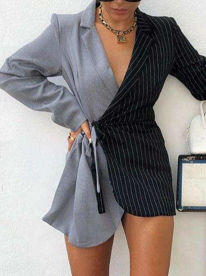 

Lapel Color Block Statement Outerwear, As picture, Blazers