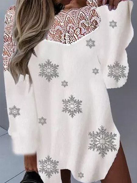 

V Neck Vintage Loosen Sweater, White, Sweaters