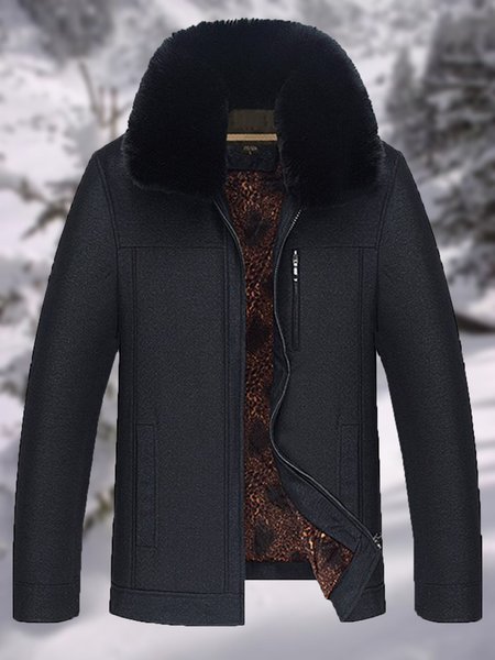 

Men's Large Fur Collar Casual Lapel Cotton Jacket, Black, Jacket