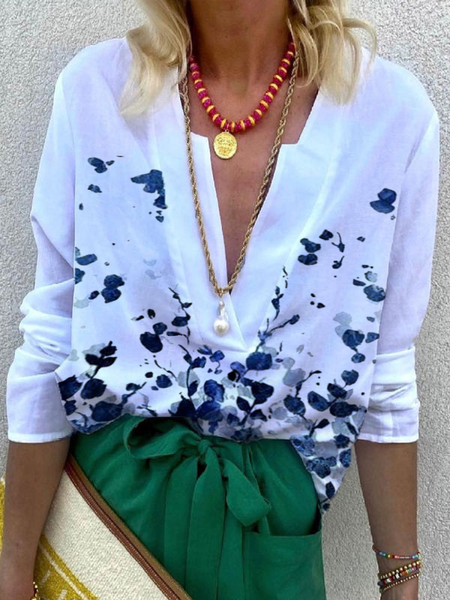 

Floral Regular Fit V Neck Shirts & Tops, White, Long sleeve tops