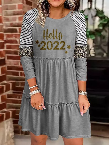 

Striped Leopard Ruffled Sleeve Casual Round Neck Mini Dresses, Gray, Casual Dresses