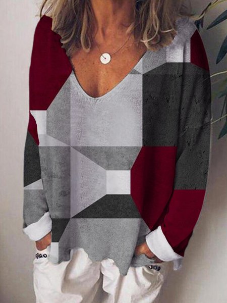 

Plus Size Loosen Geometric Casual Shirts & Tops（accessory not included）, Gray, Long sleeve tops
