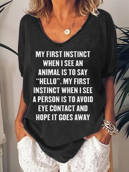 

Funny text printed V-neck short-sleeved T-shirt, Black, Hoodies&Sweatshirts