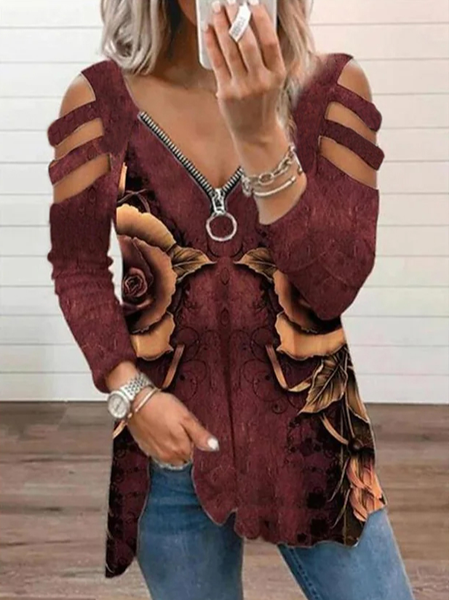 

Floral Raglan Sleeve Shirts & Tops, Wine red, Tops