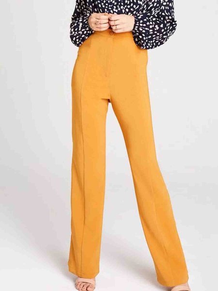 

Elegant Solid Regular Fit Pants, Yellow, Straight Leg Pants