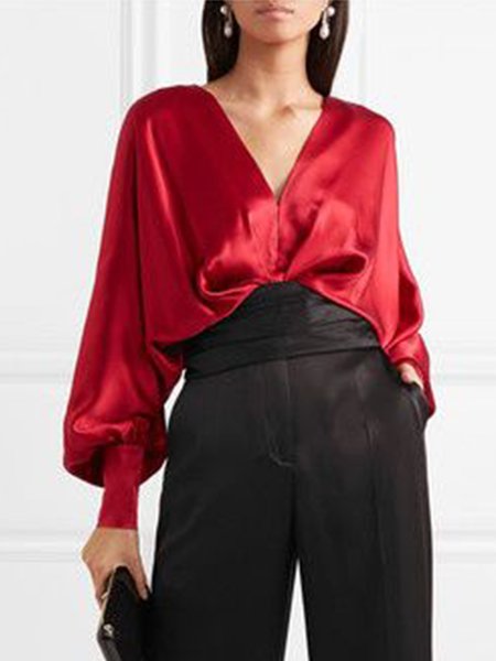 

Lady Long Sleeve Solid Loosen Top, Red, Tops