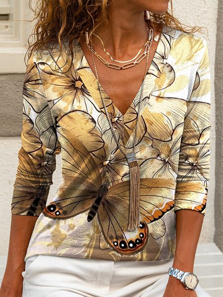 

V neck Butterfly Flower Tops, Yellow, Shirts & Blouses