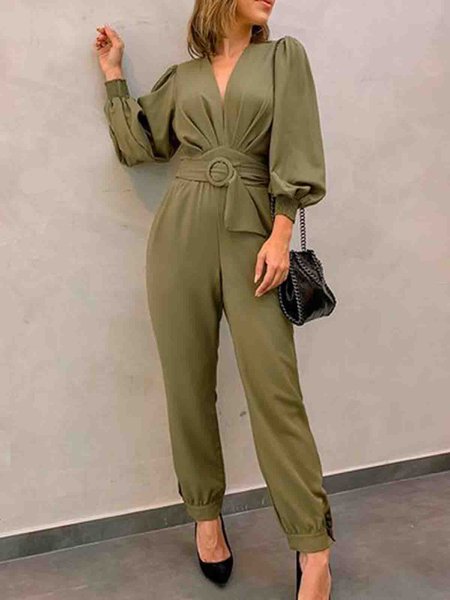 

V neck Elegant Long sleeve One-Pieces, Army green, Jumpsuits