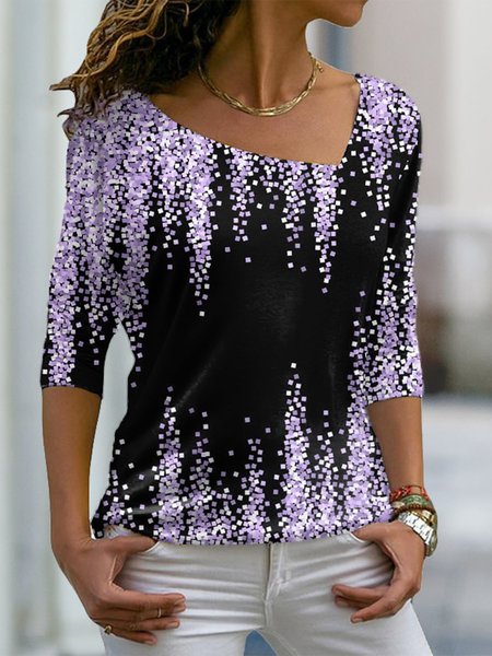 

JFN Asymmetrical V Neck Gradient Casual T-Shirt, Black-purple, T-Shirts