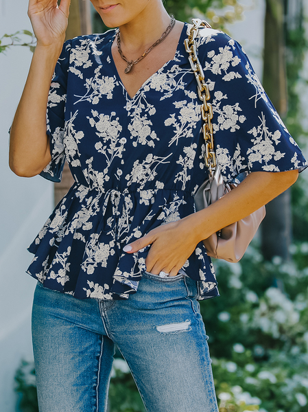 

Printed Vacation V Neck Shirts & Tops, Blue white, T-Shirts