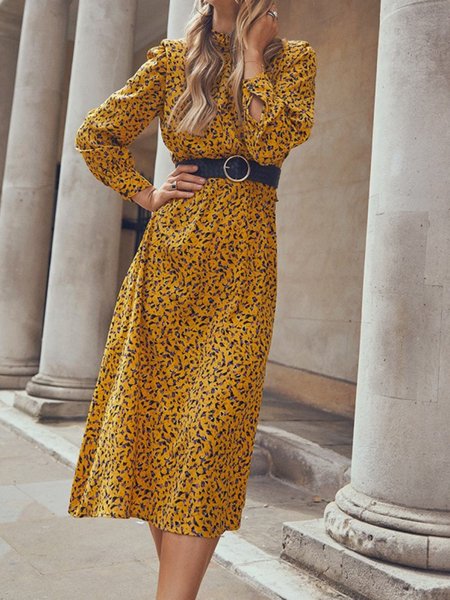 

Printed Regular Fit Elegant Dress, Yellow, Midi Dresses