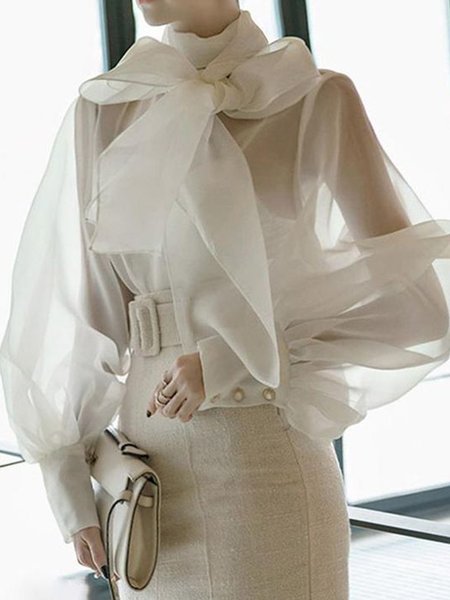 

Long Sleeve Solid Loosen Elegant High Neck Top, White, Blouses and Shirts