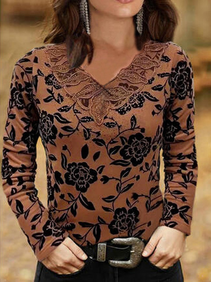 

Floral Casual Regular Fit V Neck Long Sleeve Shirts & Tops, Khaki, Long sleeve tops