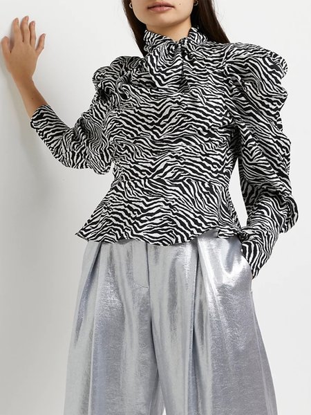 

Puff Sleeve Tie Neck Regular Fit Elegant Shirt & Top, As picture, Blouses and Shirts