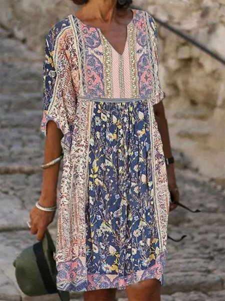 

V Neck Floral Half Sleeve Vacation Dresses, Multicolor, Boho dresses