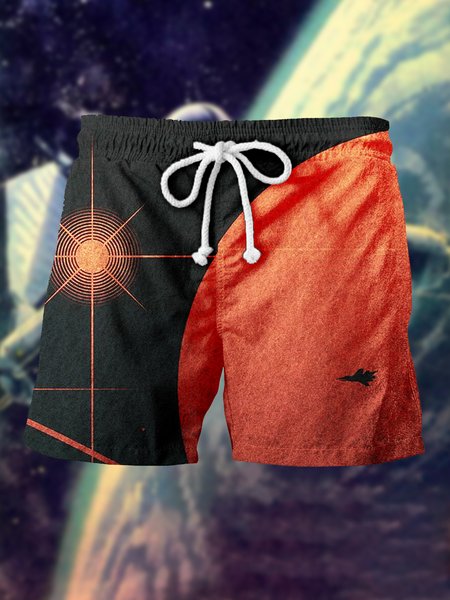 

Retro Future Spaceship Printed Stretch Waist Beach Shorts, As picture, Men's shorts